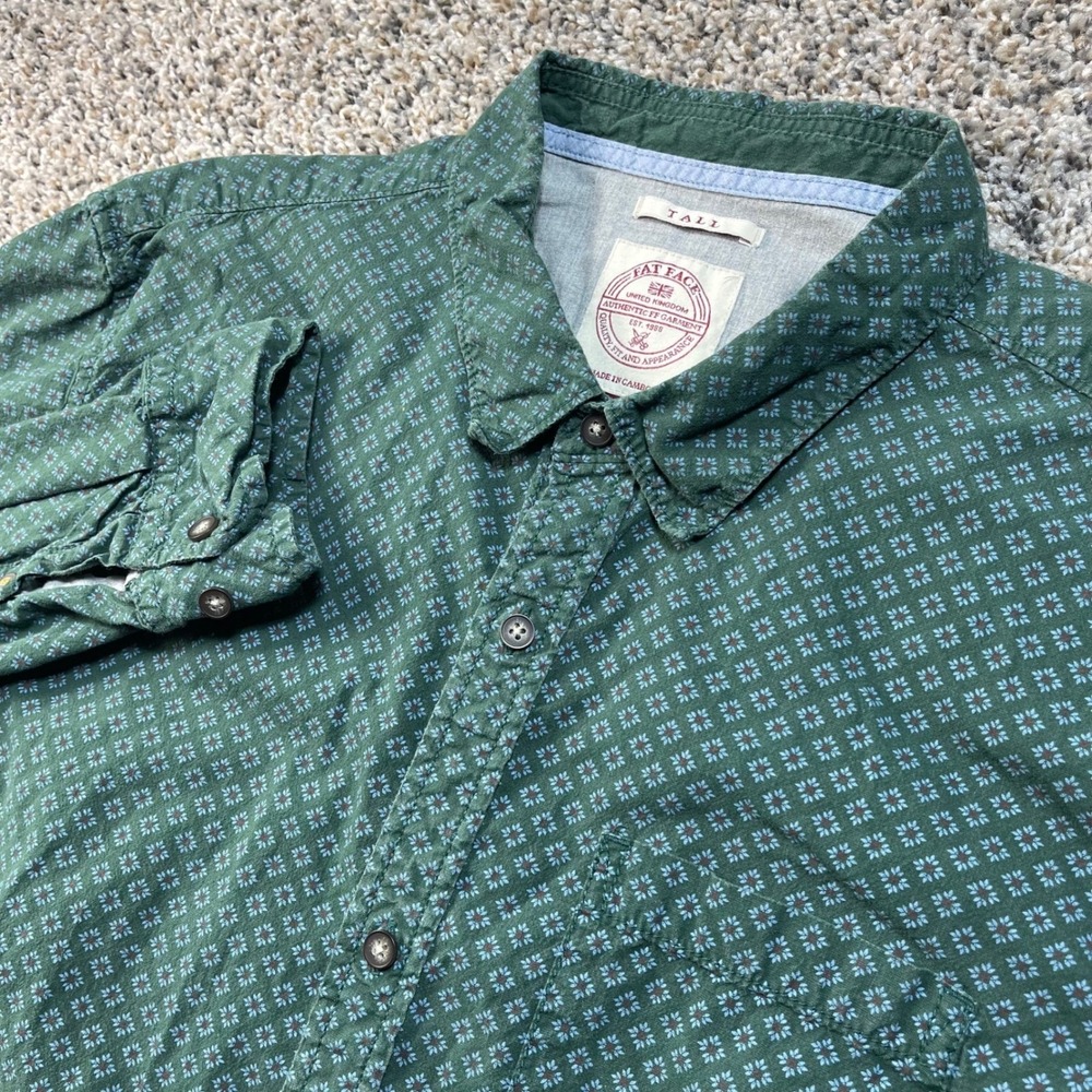 Fat Face Men's XXL Tall Green Geometric Button Up Shirt Long Sleeve